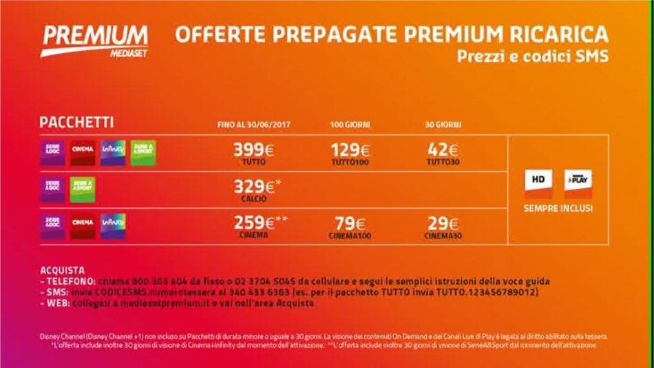 Premium Mediaset, listino per tessere ricaricabili / prepagate dal 1 Luglio 2016