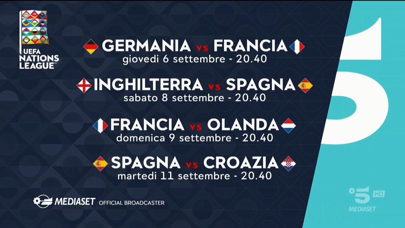 Nations League al via su Canale 5 con Germania - Francia e Inghilterra - Spagna