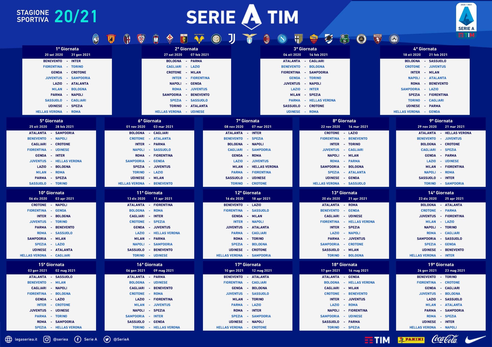 Serie A 2020 - 2021, le 20 partite scelte come big-match da Sky Sport e DAZN