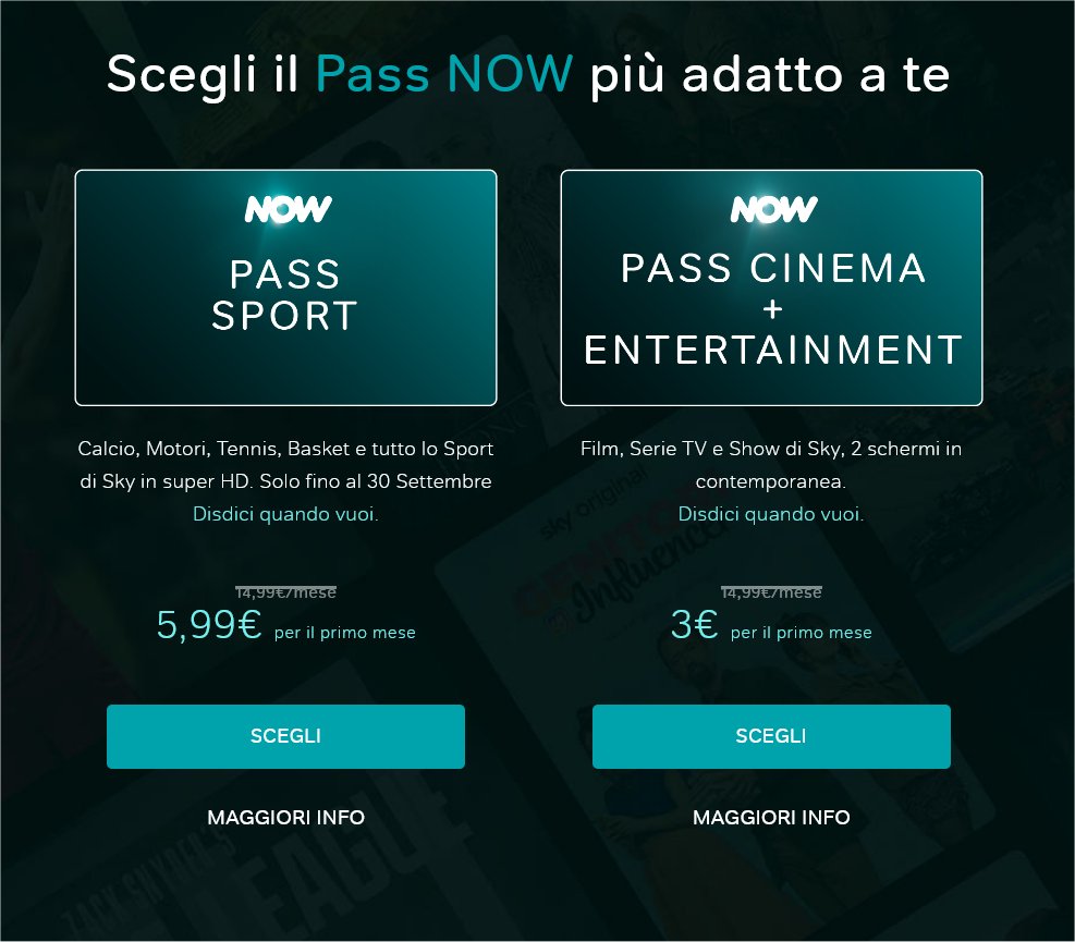 Pass Sport NOW a 5,99€ per il primo mese, continua offerta fino al 30/9