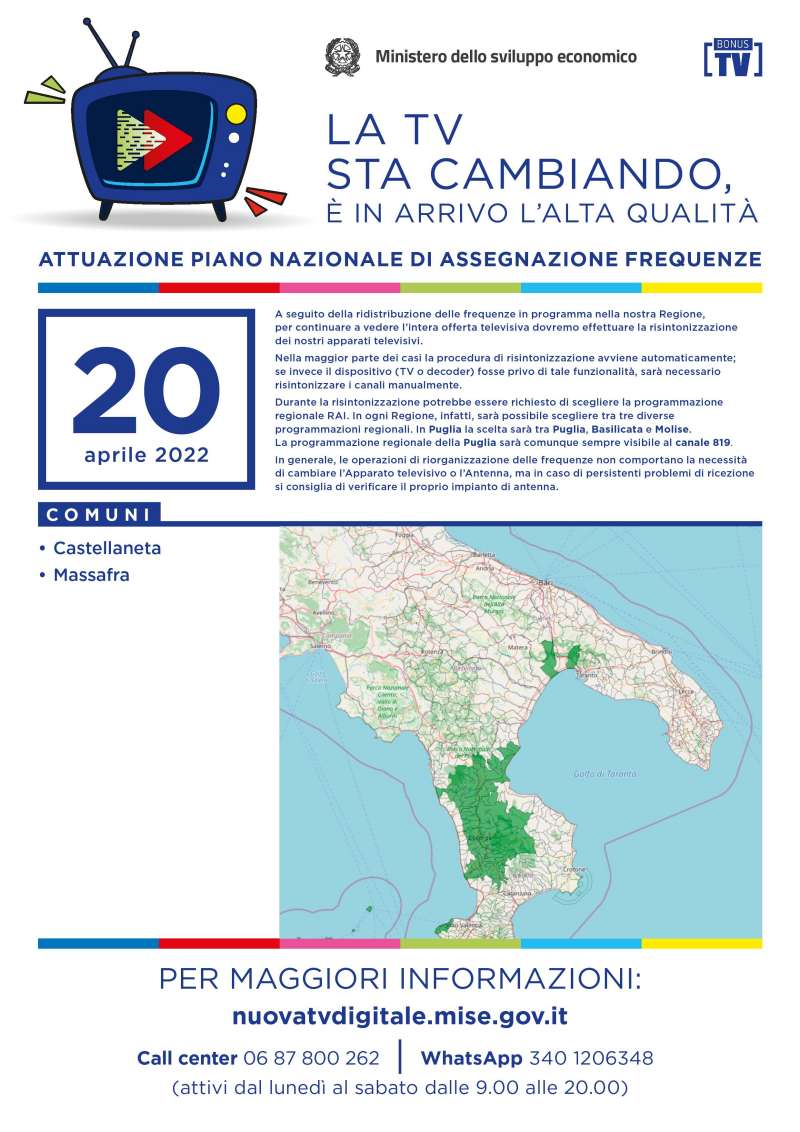 Rilascio banda 700 e refarming frequenze Digitale Terrestre Puglia (20 Aprile 2022)