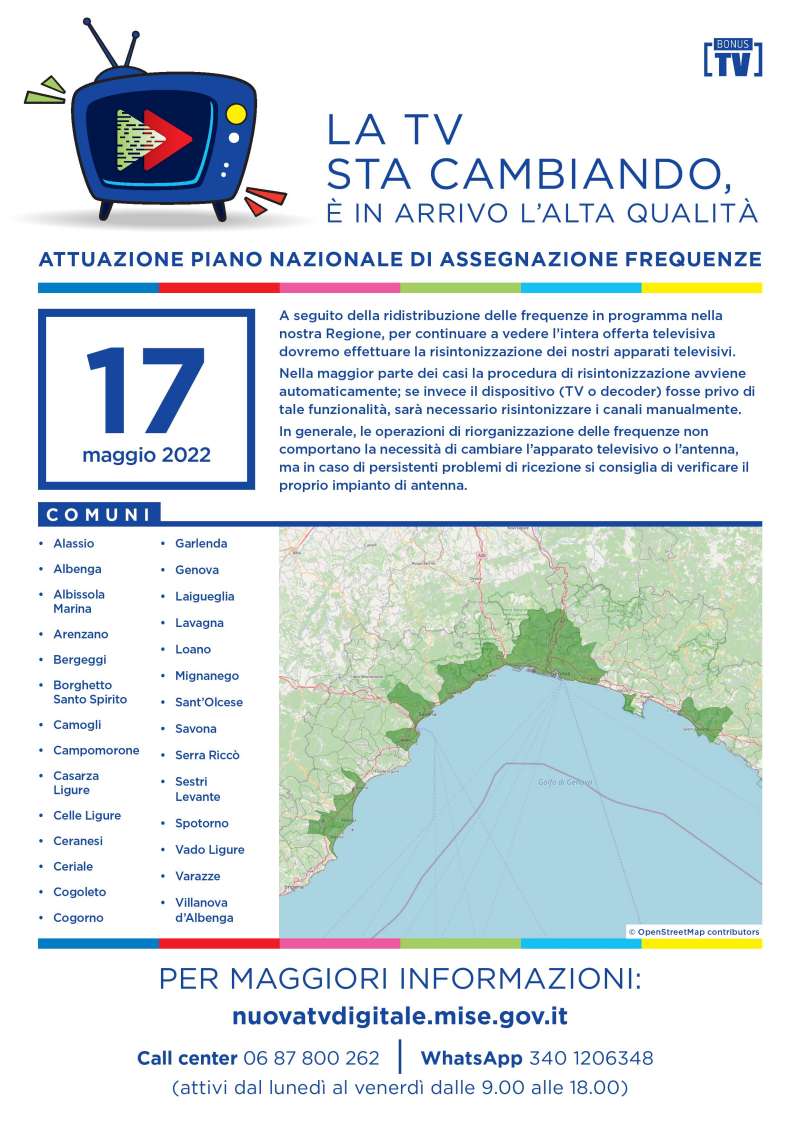 Rilascio banda 700 e refarming frequenze Digitale Terrestre Liguria (17 Maggio 2022)