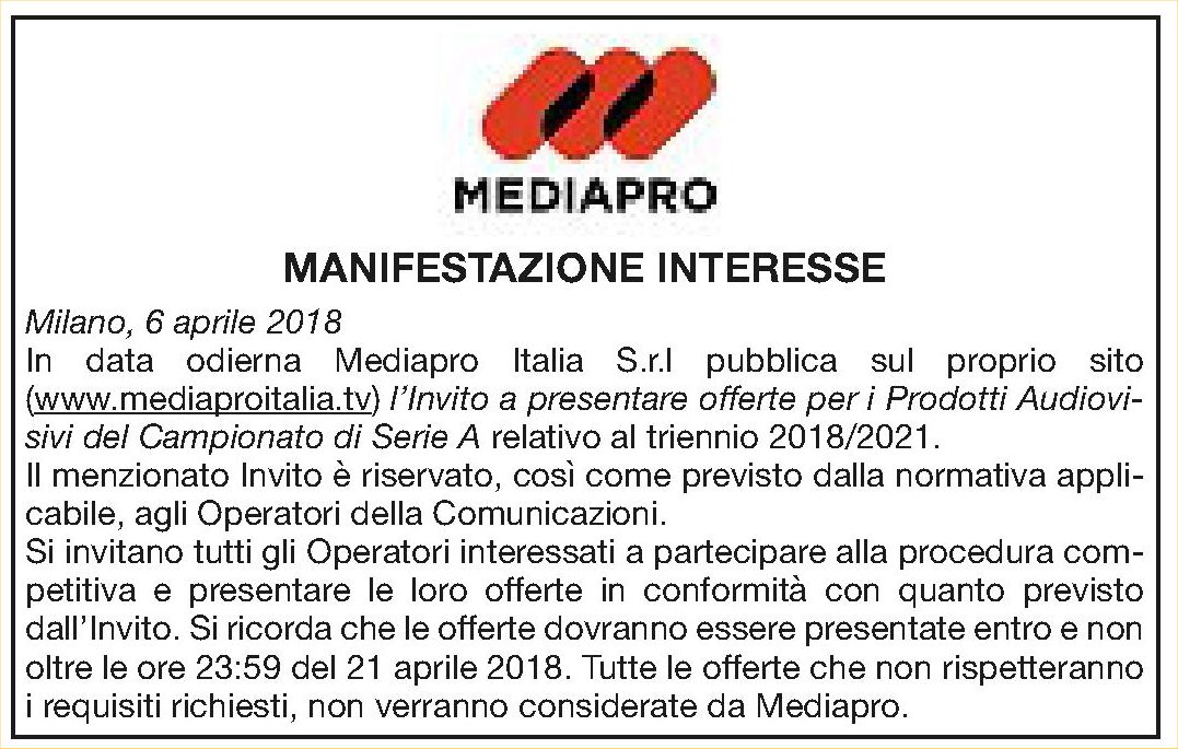 Diritti Tv Serie A 2018 - 2021, annuncio di MediaPro per invito a presentare offerte