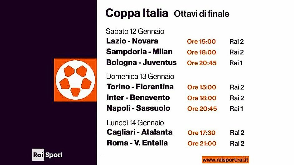 Rai Sport, Coppa Italia Tim Cup 2018/2019 Ottavi - Programma e Telecronisti