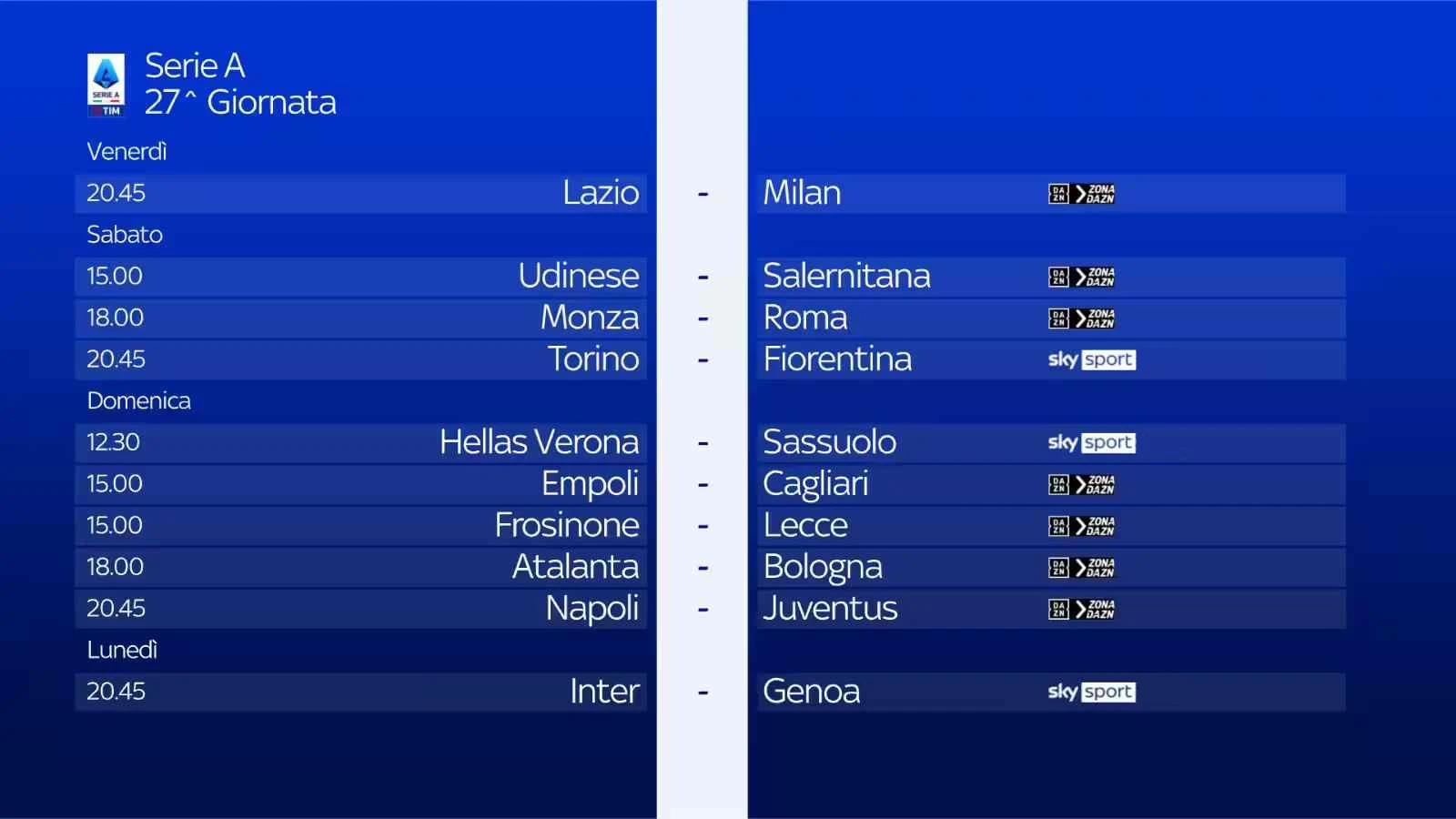 Serie A 2023/24 - Diretta Sky e NOW 27a Giornata: Palinsesto e Telecronisti